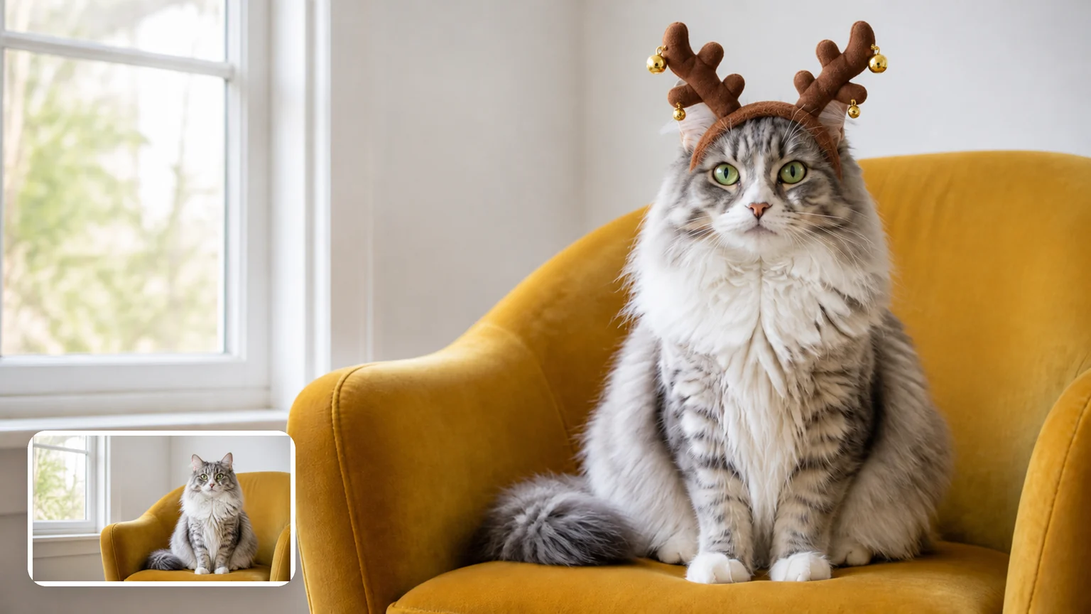 Fluffy grey-and-white cat in a mustard armchair wearing a plush reindeer-antler headband, with the original photo in the corner