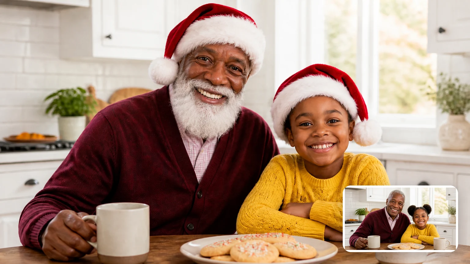 Grandfather with a white Santa beard and Santa hat beside his granddaughter, who wears only a Santa hat, with the original photo in the corner