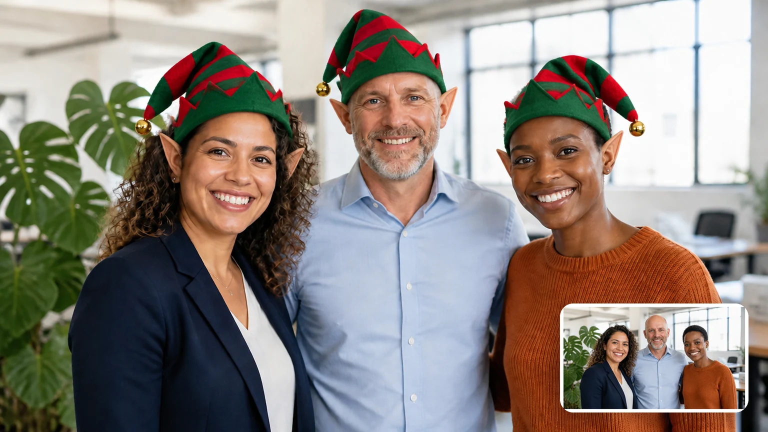 Three coworkers in a bright office wearing green-and-red elf hats and pointed elf ears, with the original photo in the corner