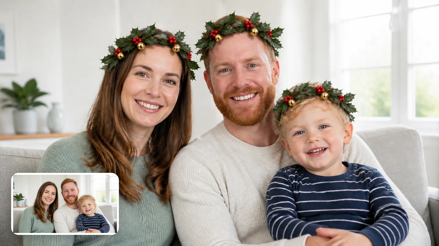 Mother, father and toddler on a sofa, each wearing a small holly crown with red berries, with the original photo in the corner