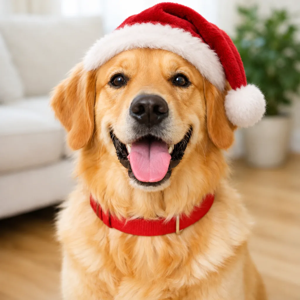 The same golden retriever wearing a small red Santa hat between its ears
