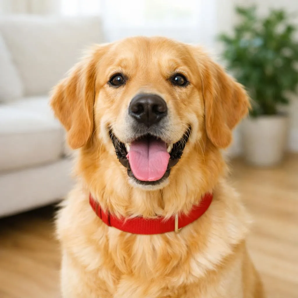 Smiling golden retriever with a red collar sitting in a bright living room