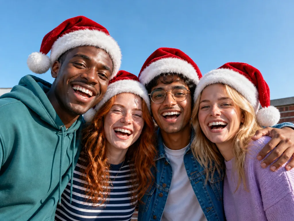 The same four friends, each now wearing a red Santa hat