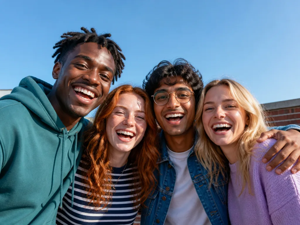 Four laughing friends with their arms around each other on a sunny rooftop under a blue sky