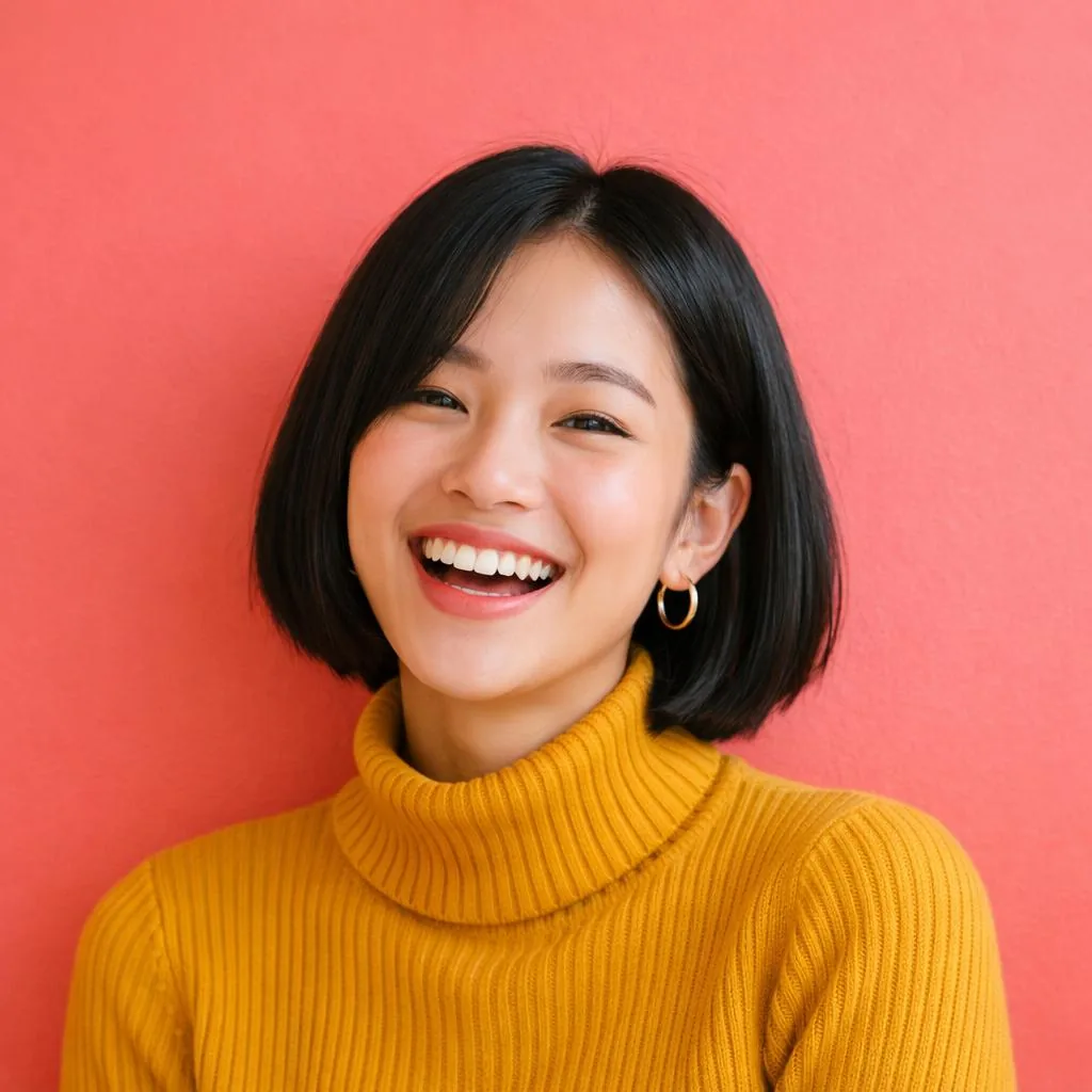 Square profile picture of a laughing woman with a black bob and a mustard turtleneck against a coral wall