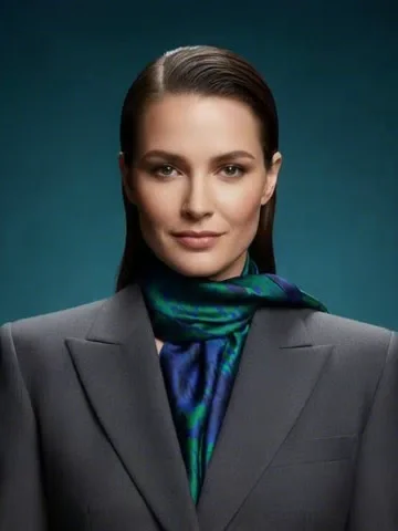 A woman in a grey blazer and silk scarf, chest up, facing the camera in front of a plain teal backdrop