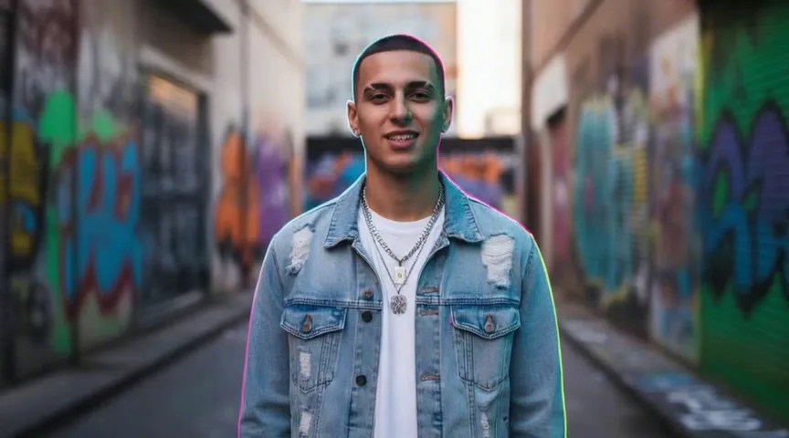 A smiling young man in a ripped denim jacket and chain necklace stands in a graffiti-covered alley, the opening frame