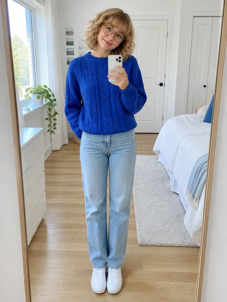 Mirror selfie of a young woman with a curly blonde bob and round glasses in a blue cable-knit sweater