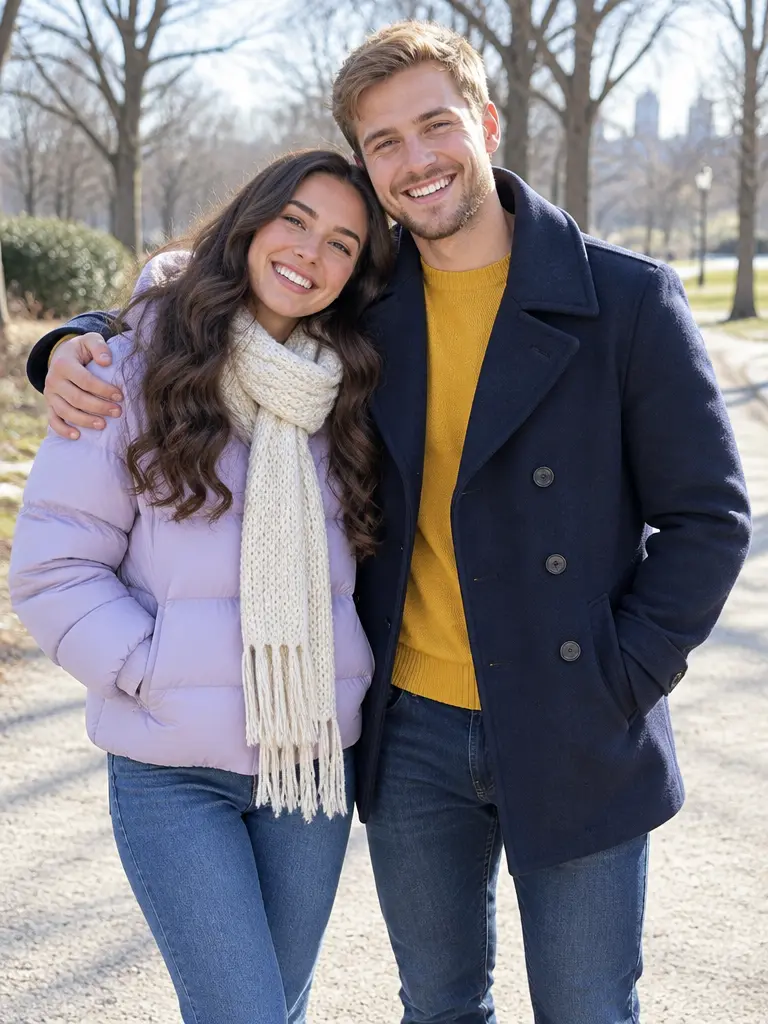A laughing couple in a park, she in a lilac puffer leaning on his shoulder, he in a navy peacoat