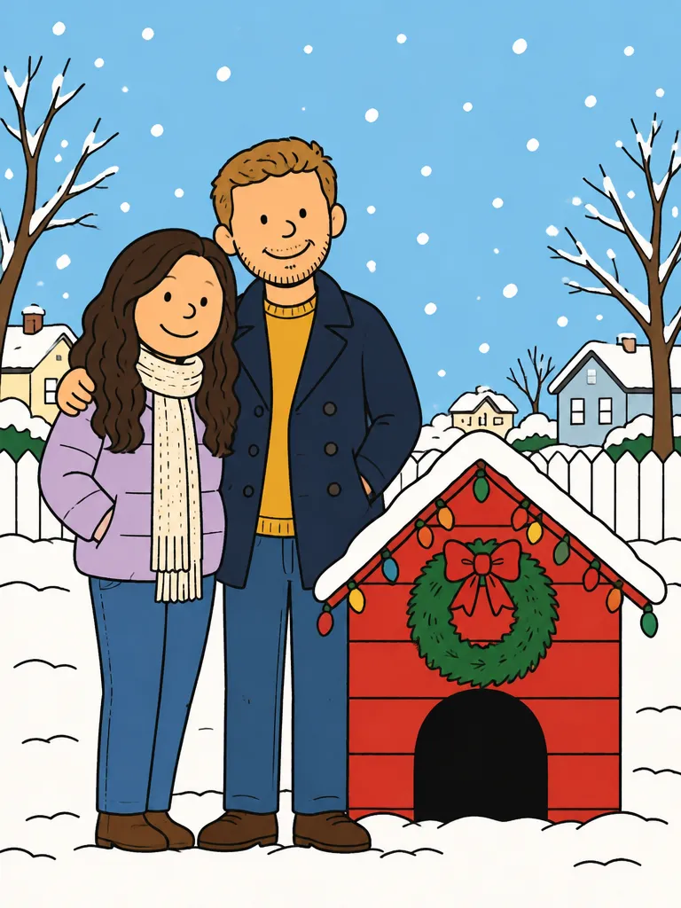Flat cartoon of a couple, she in a lilac puffer and cream scarf, he in a navy peacoat over a mustard sweater with his arm around her, beside a red doghouse in the snow