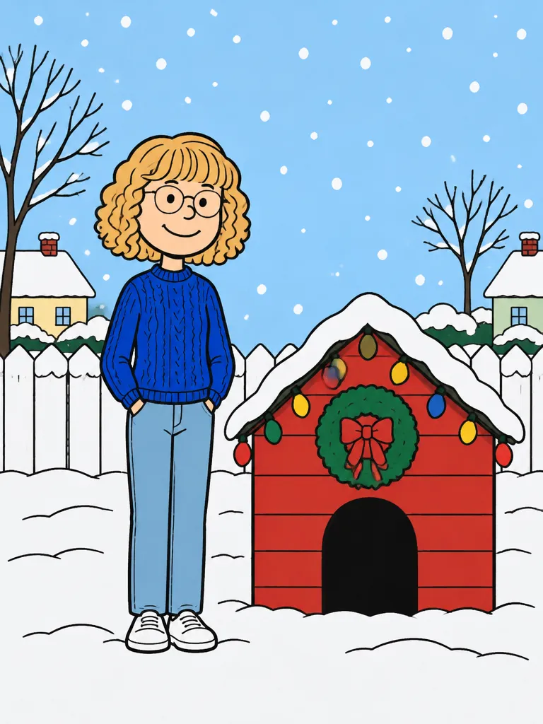 Flat cartoon of the woman with a curly blonde bob, round glasses, a blue cable-knit sweater, light jeans and white sneakers next to a red doghouse in the snow