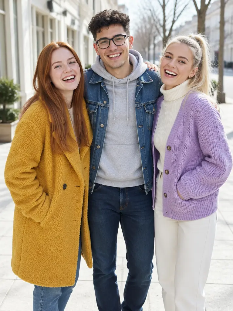 Phone photo of three friends standing arm in arm on a sunny street, all laughing at the camera