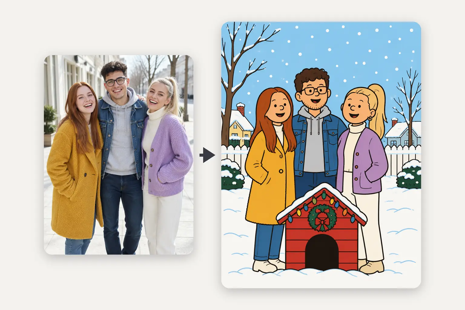 Left, a phone photo of three friends in a mustard coat, a denim jacket and a lavender cardigan; right, the same three as flat cartoons standing behind and beside a red doghouse with a green wreath in the snow