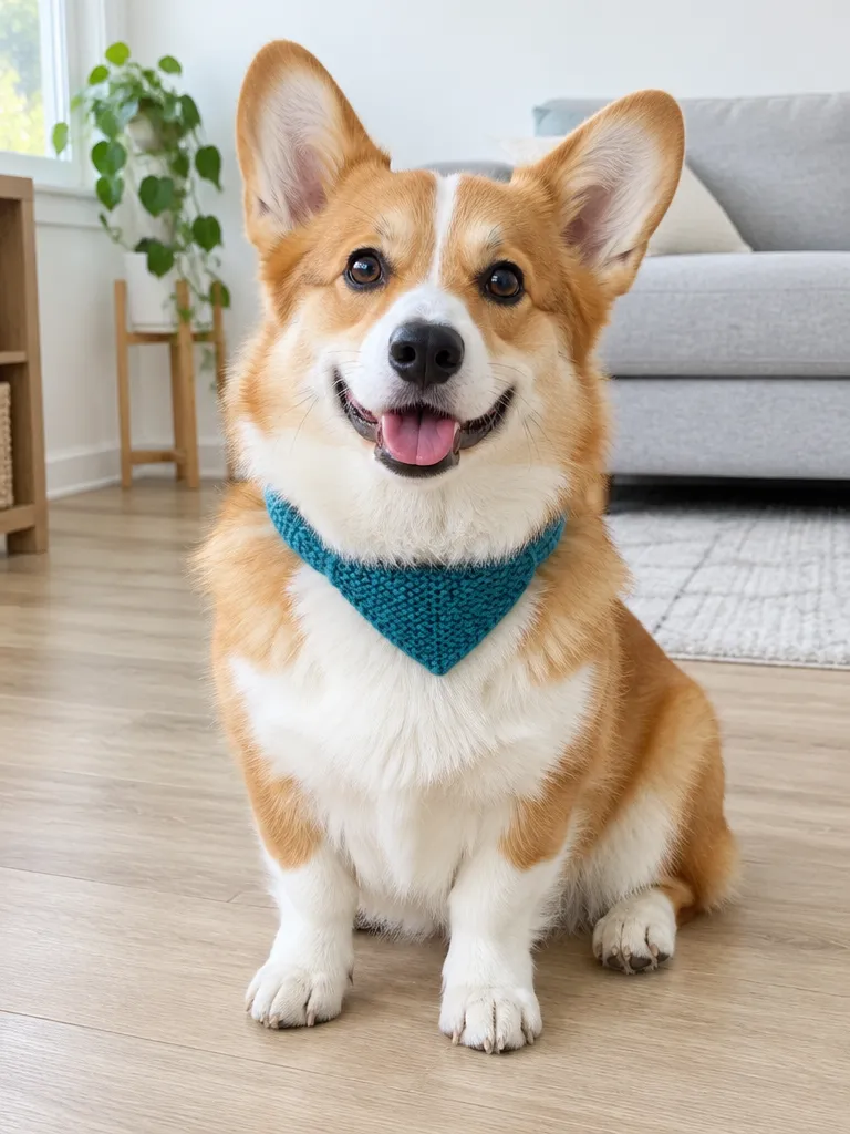 A smiling ginger-and-white corgi in a teal knit scarf sitting on a wooden floor