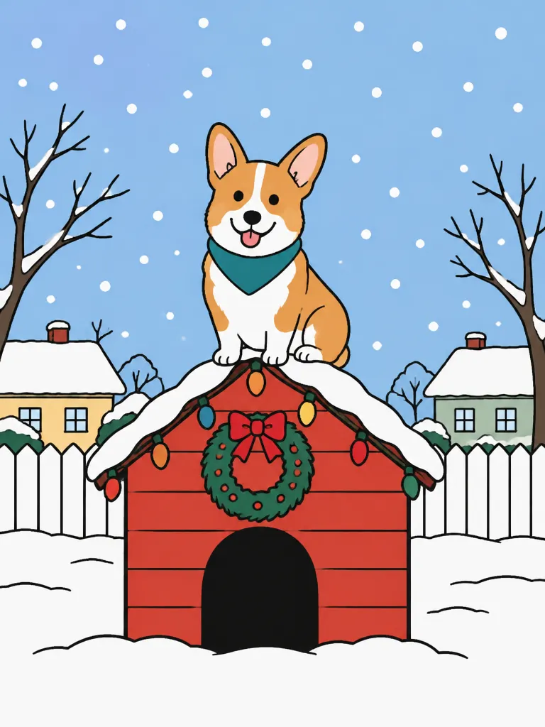 Flat cartoon of a ginger-and-white corgi in a teal scarf sitting on the snowy roof of a red doghouse with a green wreath