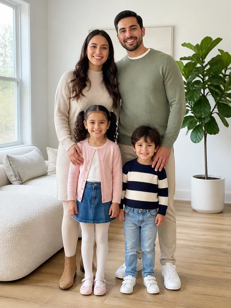 Example photo: a family of four standing together in a bright living room