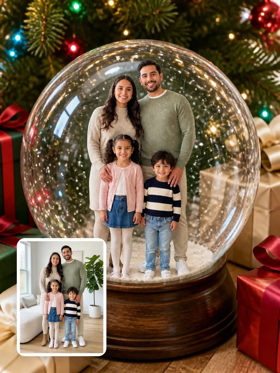 A family of four as tiny figures inside a snow globe under a decorated Christmas tree, with their original living-room photo in the corner