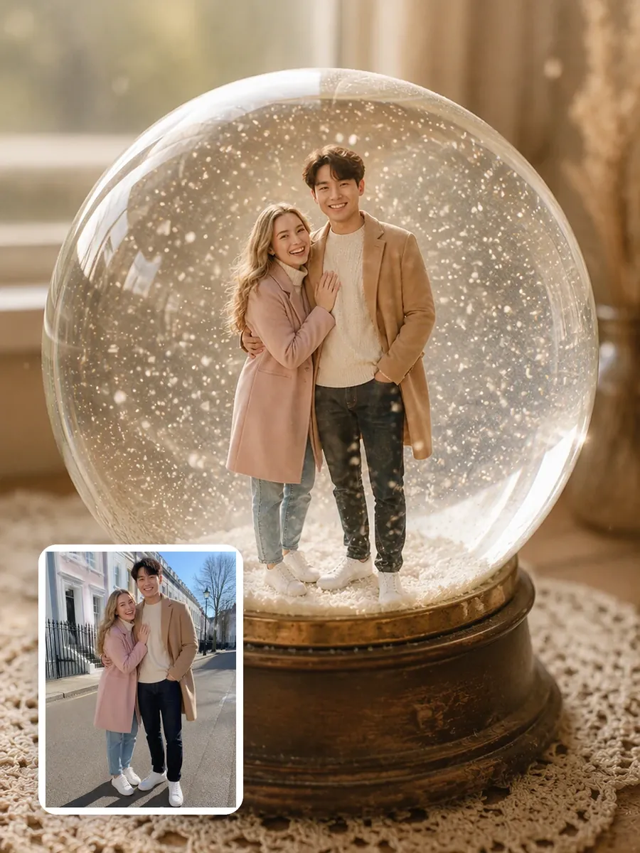 A couple as tiny figures inside a sepia vintage snow globe on an antique wooden base, with their original street photo in the corner