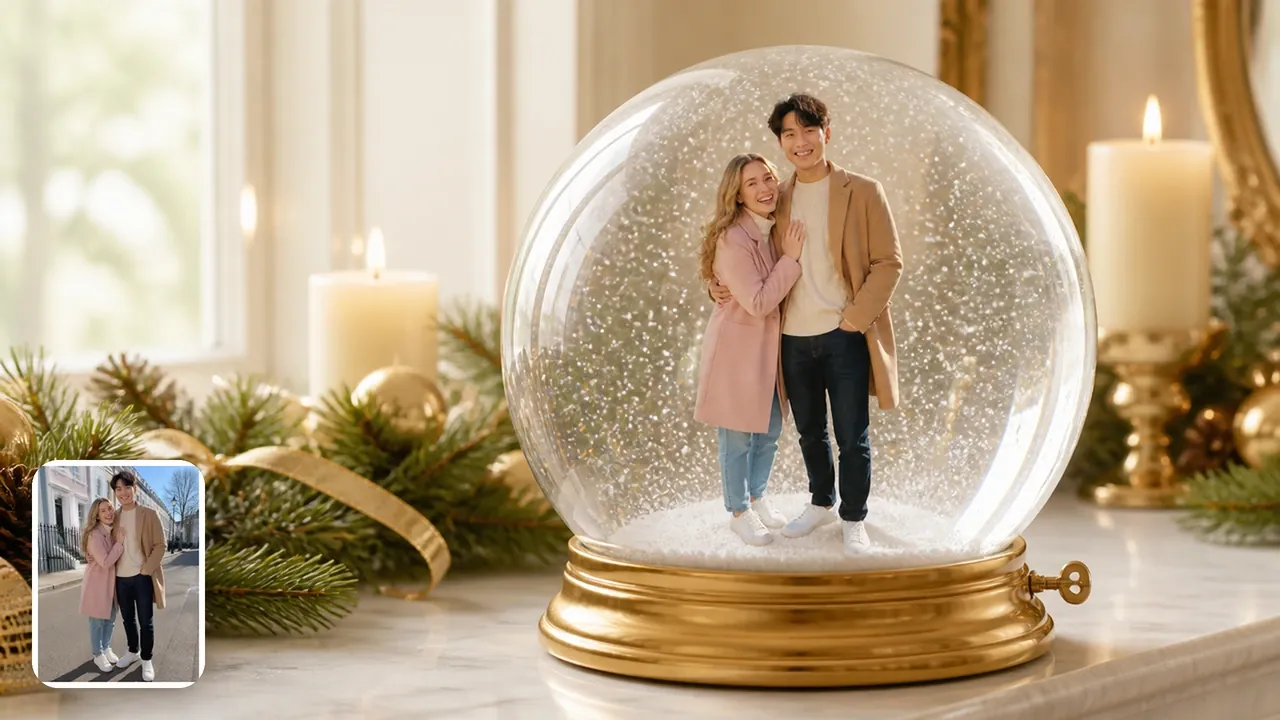 A couple standing arm in arm inside a snow globe on a gold music-box base between candles and pine garland, with their original photo in the corner