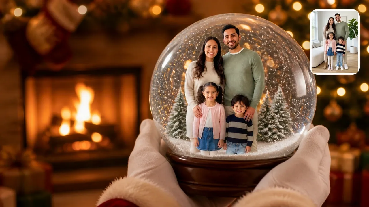 A family of four inside a snow globe held up by Santa's white-gloved hands in front of a fire, with their original photo in the corner