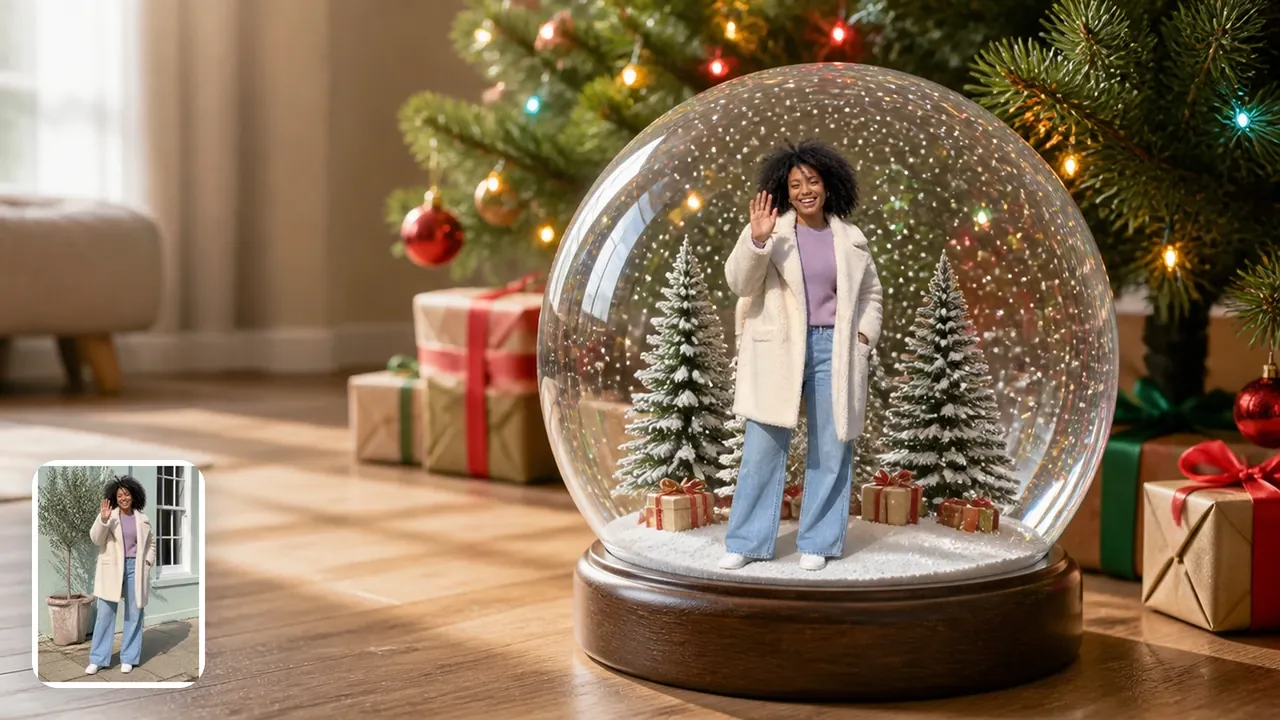 A young woman waving from inside a snow globe set under a lit Christmas tree among wrapped presents, with her original photo in the corner
