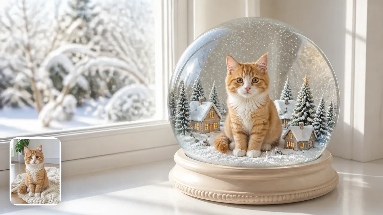 A ginger-and-white kitten sitting among tiny snowy cottages inside a snow globe on a bright windowsill, with its original photo in the corner