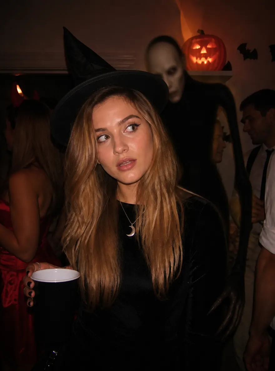 A woman in a witch hat glancing sideways at a party as a pale, blurred figure looms behind her