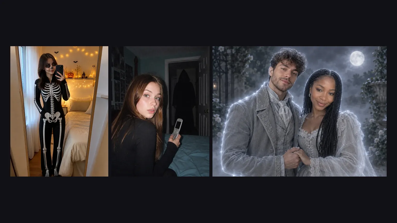 Three Halloween photo results side by side: a skeleton costume selfie, a flash-lit horror still and a ghost couple