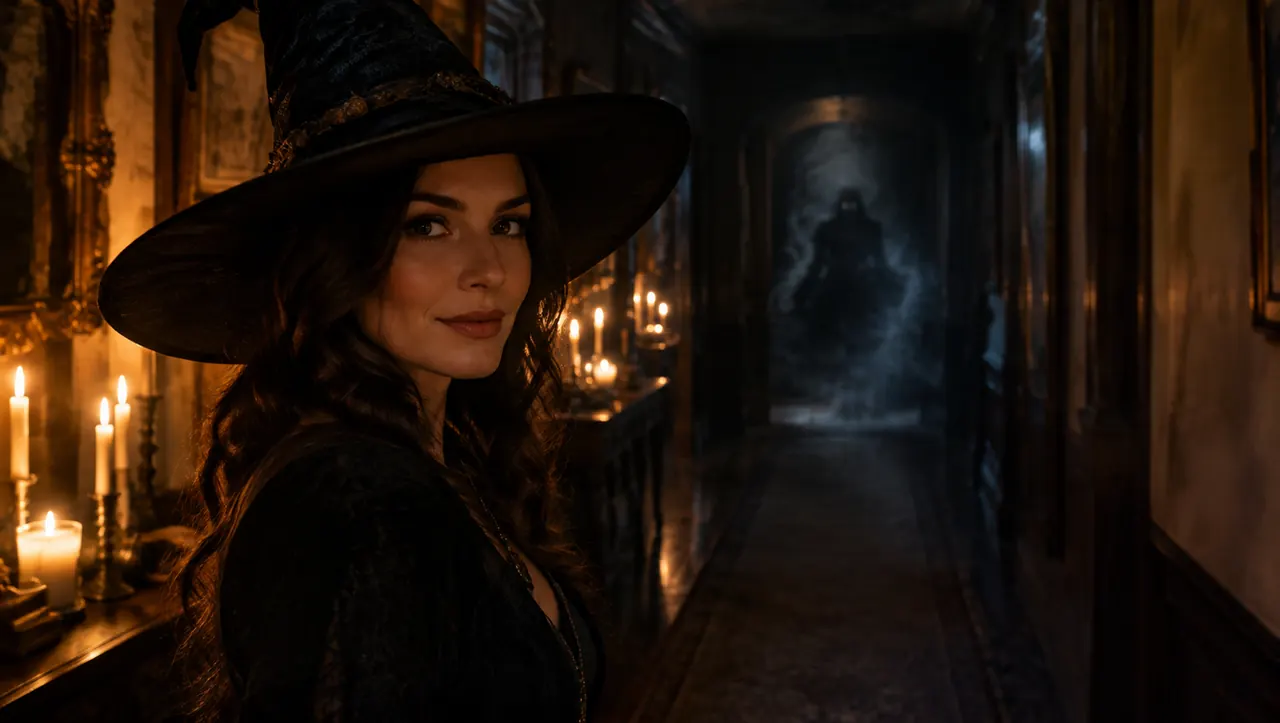 A woman in a witch hat in a candlelit hallway, a faint smoky shadow forming far behind her