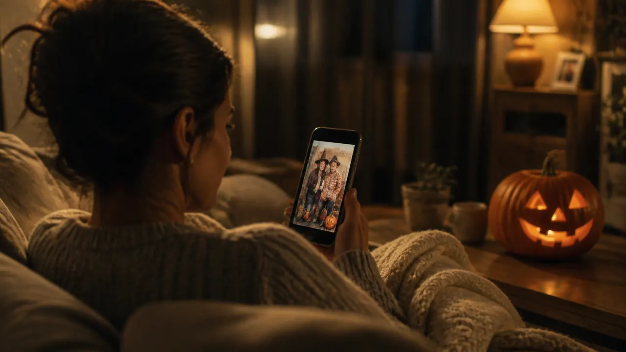 A woman on her sofa at night looking at a Halloween costume photo on her phone, a jack-o'-lantern glowing nearby
