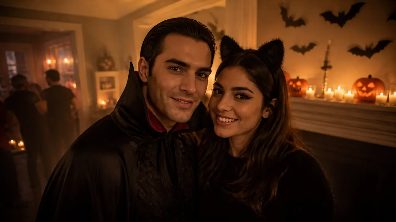 Two friends in a vampire cape and cat ears at a candlelit Halloween party, haze drifting across the room
