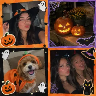 A blurry collage of Halloween snapshots covered in stickers