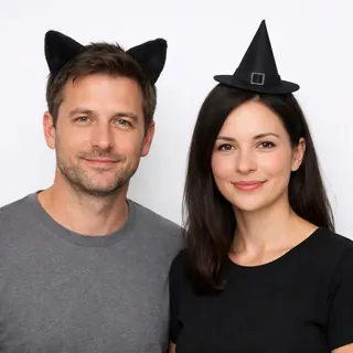 Two people in cat ears and a witch hat on a white background