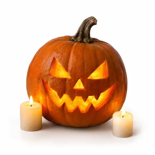 A lit jack-o'-lantern and two candles on a white background