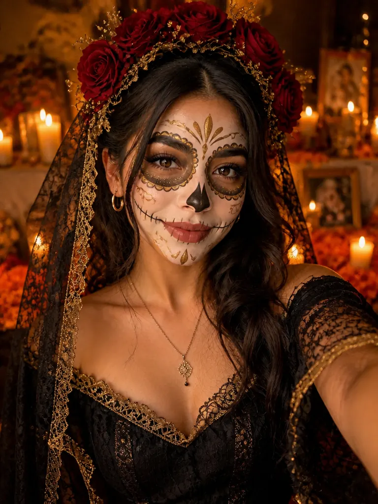 The same woman as La Catrina with gold-accented face paint and a lace veil, lit by candles in front of an ofrenda