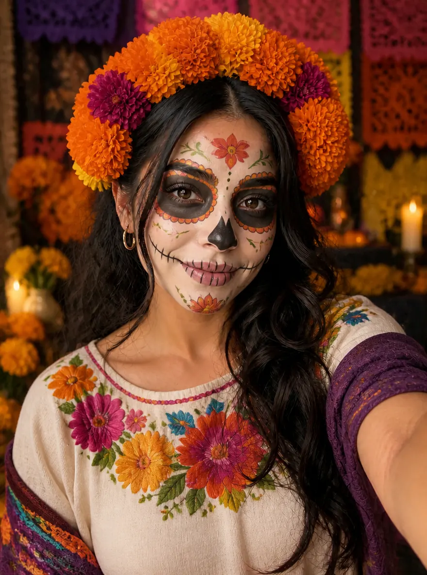 The same woman as La Catrina with colorful floral face paint, a crown of orange marigolds and papel picado behind her