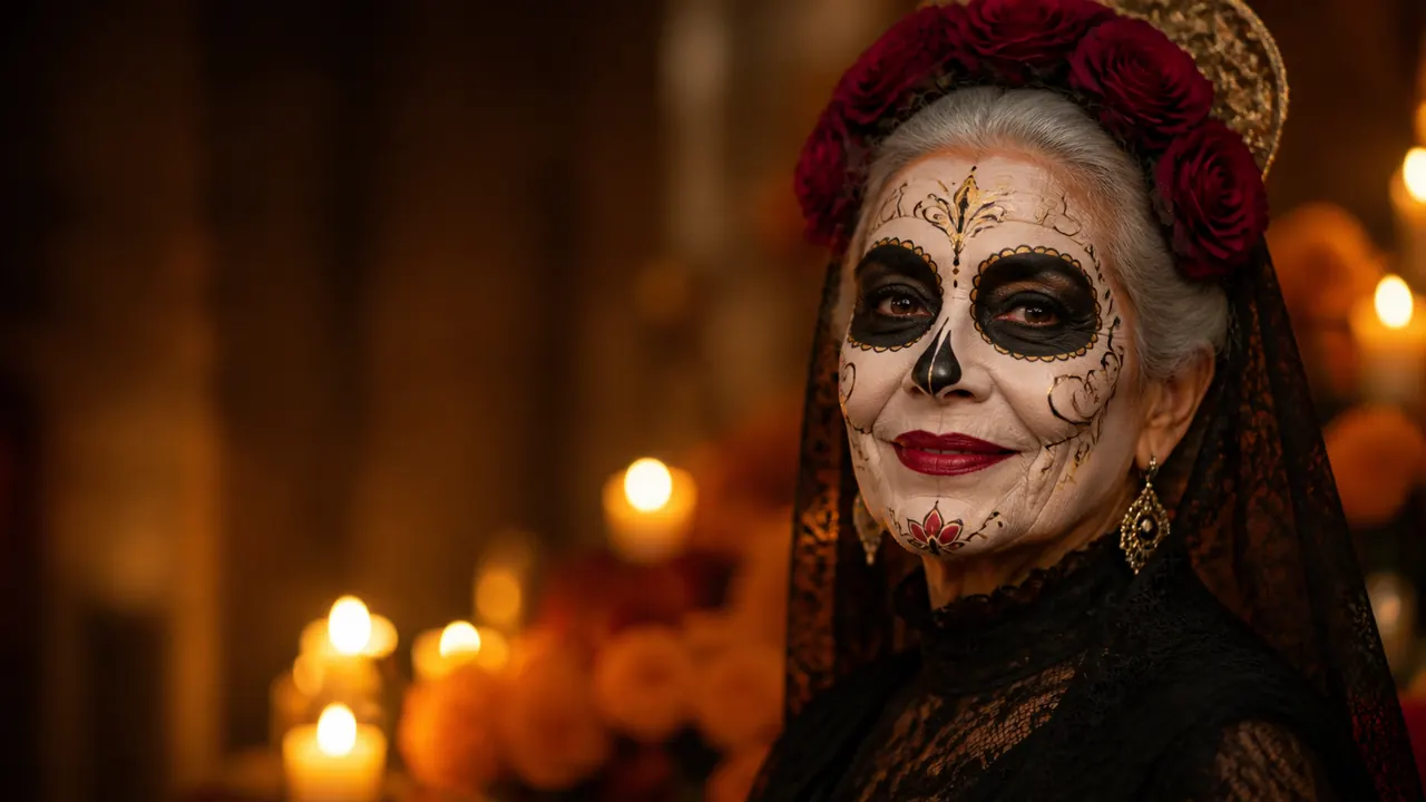 An older woman as La Catrina in fine white face paint and a black lace mantilla with deep red roses, smiling in candlelight