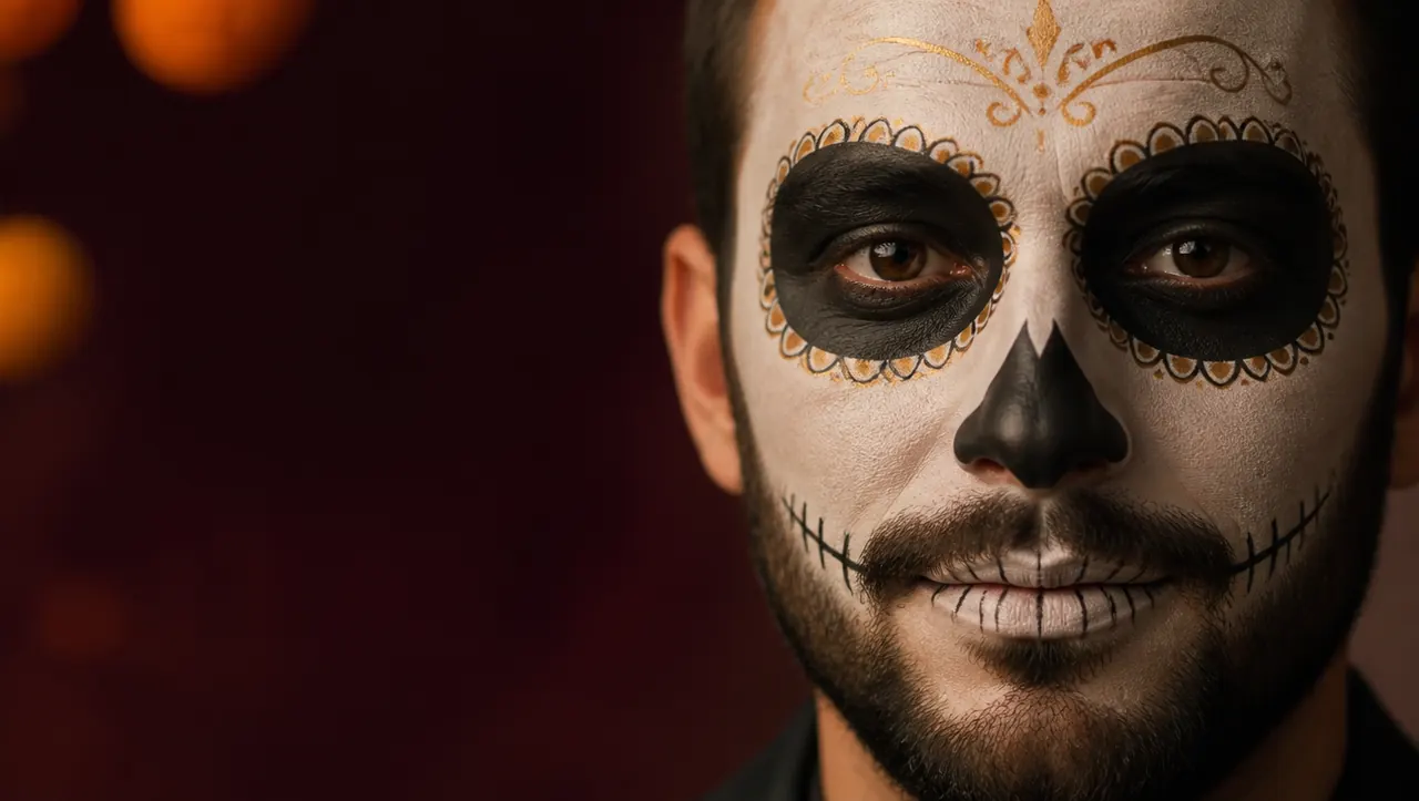 Close-up of a man in elegant calavera face paint with black eye rings, a dark nose tip and stitched lines across the lips