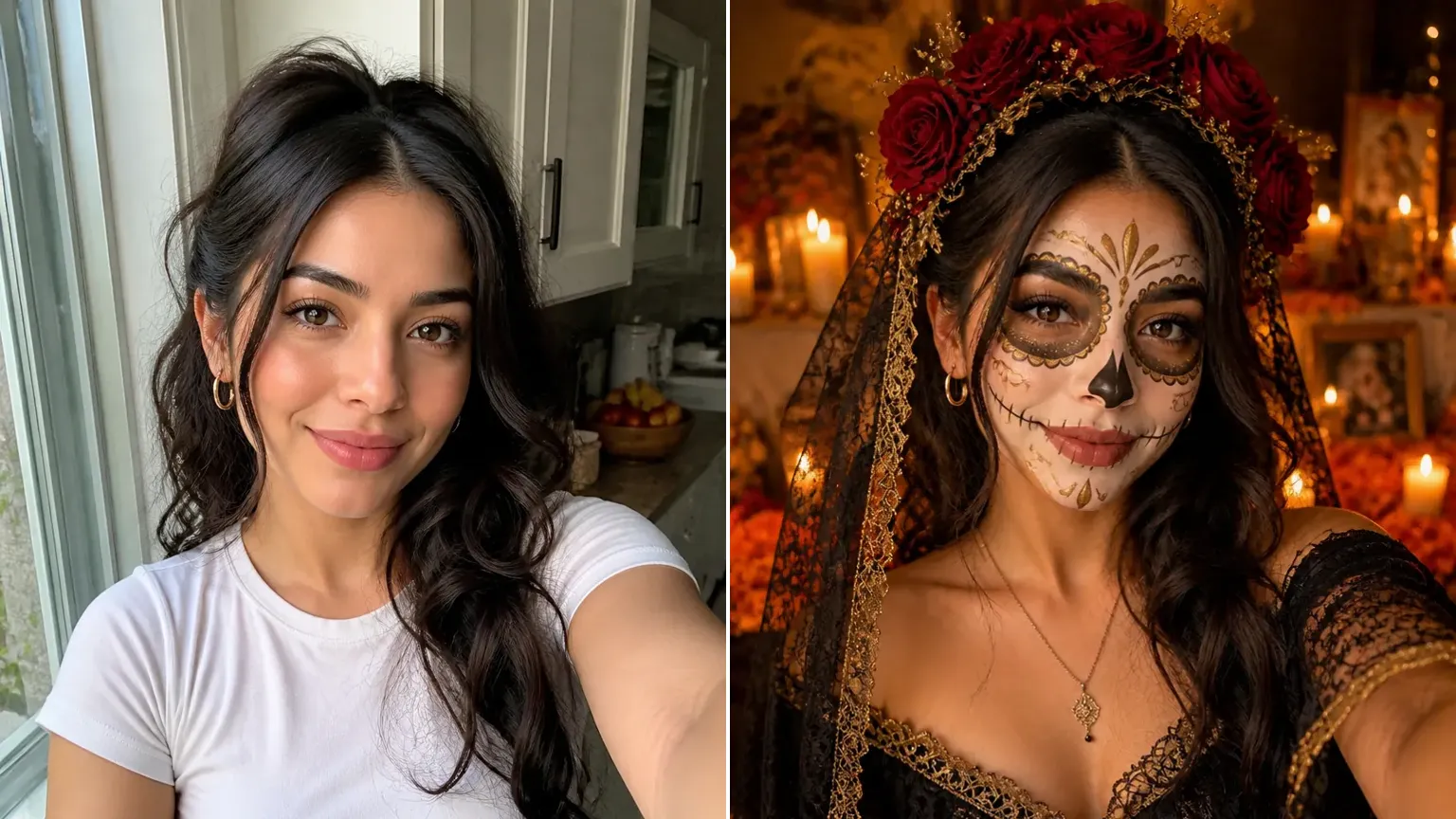 The same woman before and after: a plain selfie and a candlelit Catrina portrait, eyes and smile unchanged