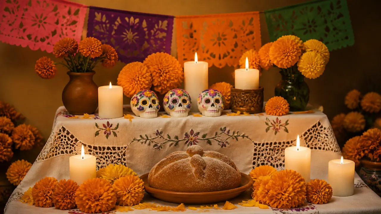 An ofrenda table with orange marigolds, papel picado, white candles and decorated sugar skulls