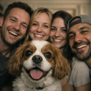 A crowded group selfie with a dog