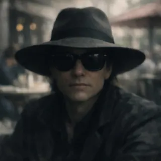 A face hidden under a wide hat and sunglasses