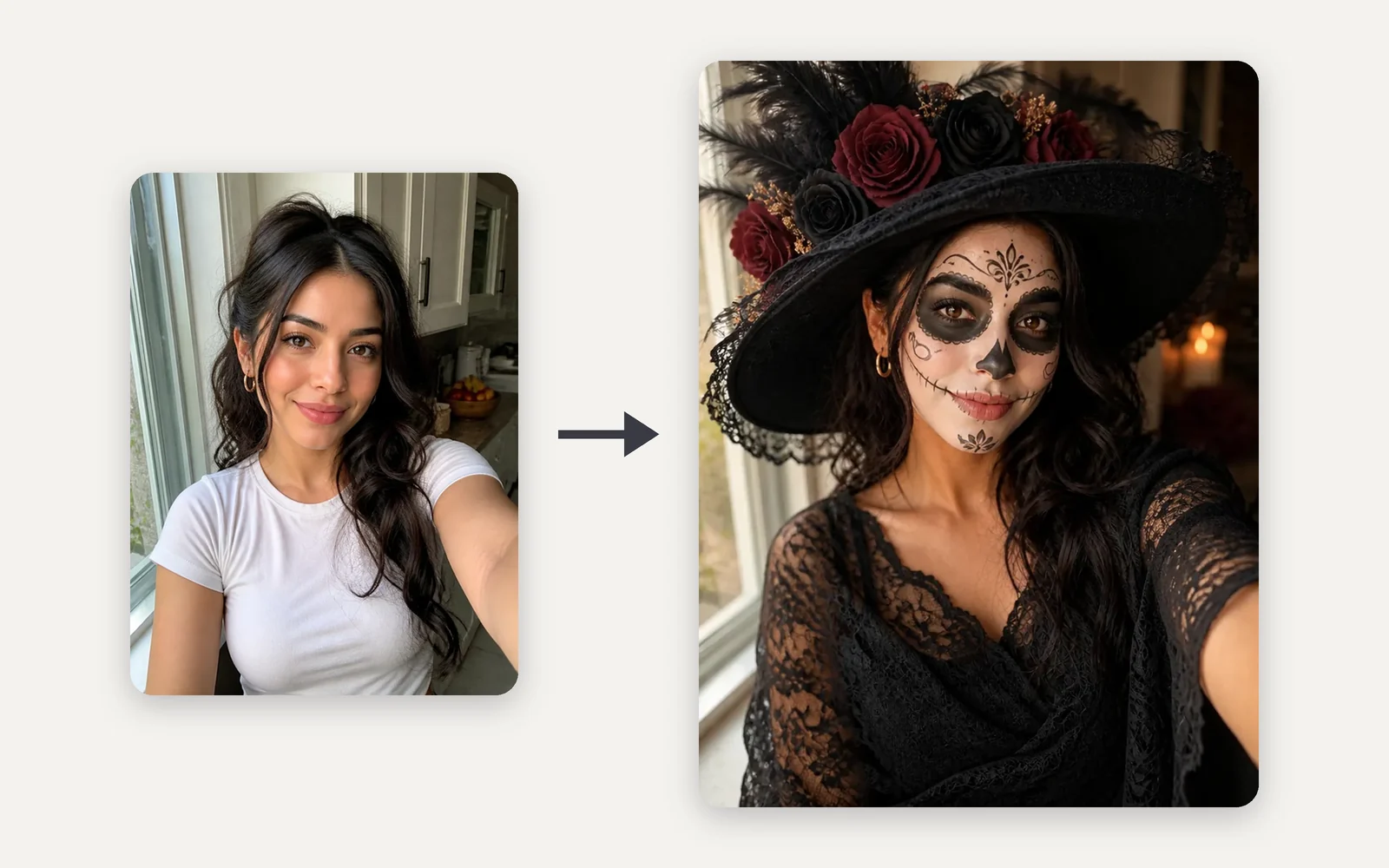 An everyday kitchen selfie of a woman, and the same woman as La Catrina with white-and-black face paint and a wide black hat with roses