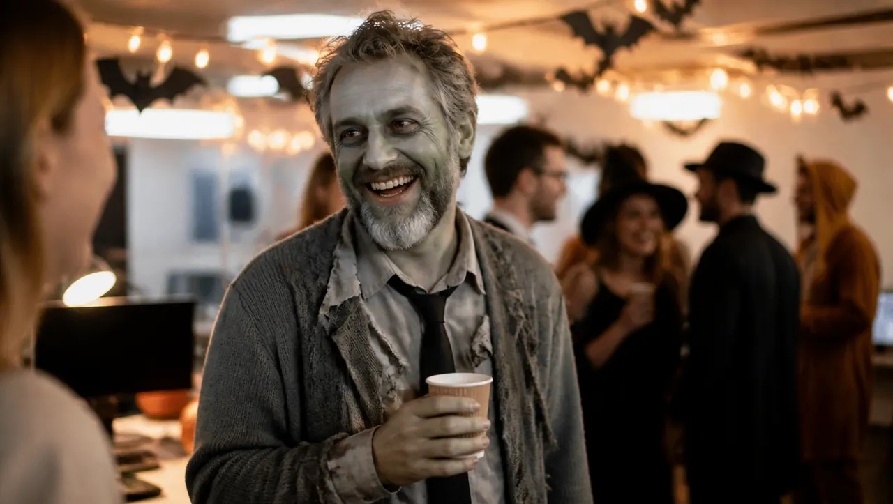 A man in playful zombie face paint laughing at an office Halloween party, with no blood or wounds
