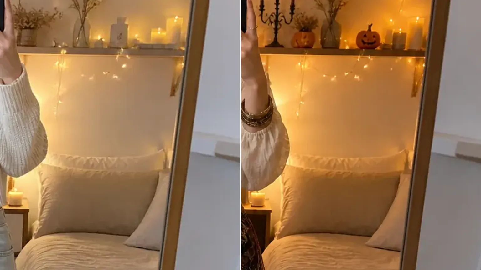 Close-up of the same bedroom shelf before and after: candles and dried flowers, then string lights, a candelabra and a small pumpkin