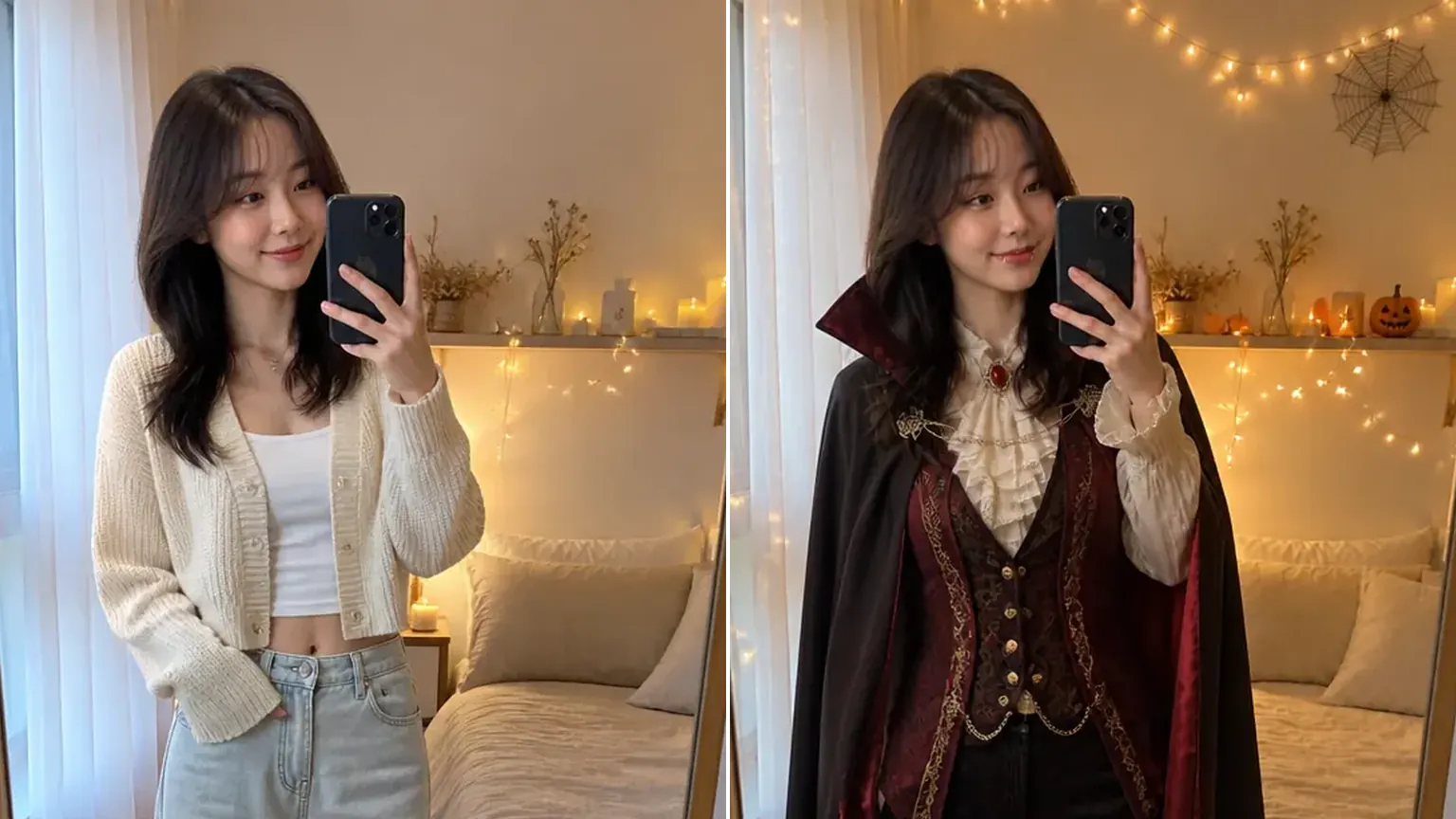 The same woman before and in the vampire look, with her face, hair and pose unchanged