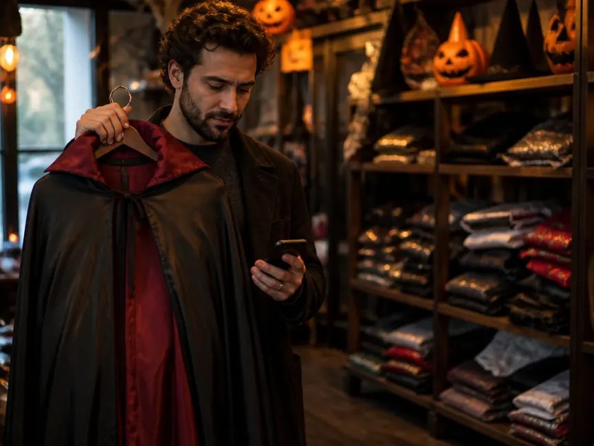 A man in a costume shop holding a vampire cape and checking his phone before he buys