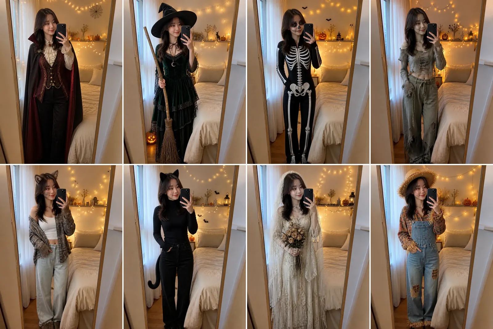 The same woman in eight AI Halloween costumes: vampire, witch, skeleton, zombie, werewolf, black cat, ghost bride and scarecrow