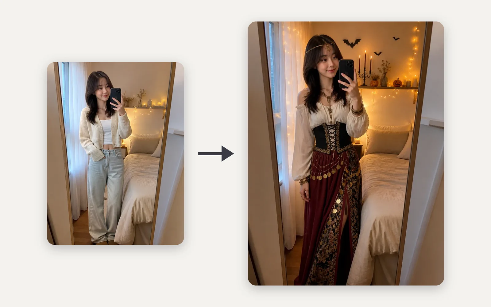 Before and after: a woman's mirror selfie and the fortune teller costume Surprise me chose for her