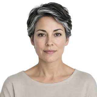 A woman's face evenly lit from the front on a white background